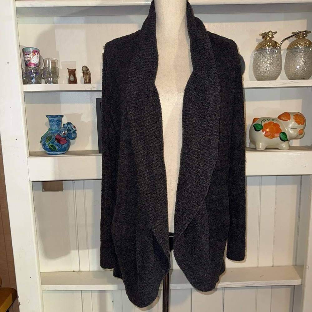 Barefoot Dreams L/XL‎ Charcoal Knit Draped Open Front Cardigan Women